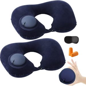 2PCS Inflatable Travel Pillow, Adjustable Inflatable Neck Pillow, Portable Inflatable Pillow U-Shaped with Eye Mask,Earplug and Carry Bag, for Airplanes,Traveling,Lumbar Support (Dark Blue)