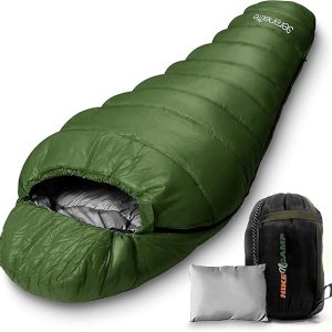 Backpacking Sleeping Bag Camping Gear - Mummy Sleeping Bag For Adults/Teens w/ Pillow, Bag - Outdoor Lightweight Weather Proof Sleeping Bag - Camping, Hiking Traveling - SereneLife