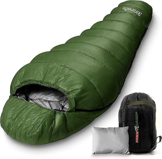 Backpacking Sleeping Bag Camping Gear - Mummy Sleeping Bag For Adults/Teens w/ Pillow, Bag - Outdoor Lightweight Weather Proof Sleeping Bag - Camping, Hiking Traveling - SereneLife