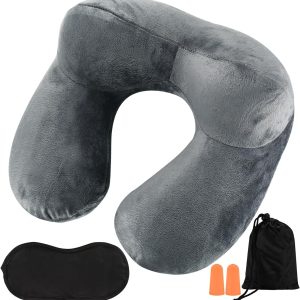 Inflatable Travel Pillows for Sleeping Airplane Inflatable Neck Pillow for Traveling Pillow Inflatable Travel Neck Pillows for Airplanes Sleeping, Train, Car, Office, with Eye Masks, Earplugs