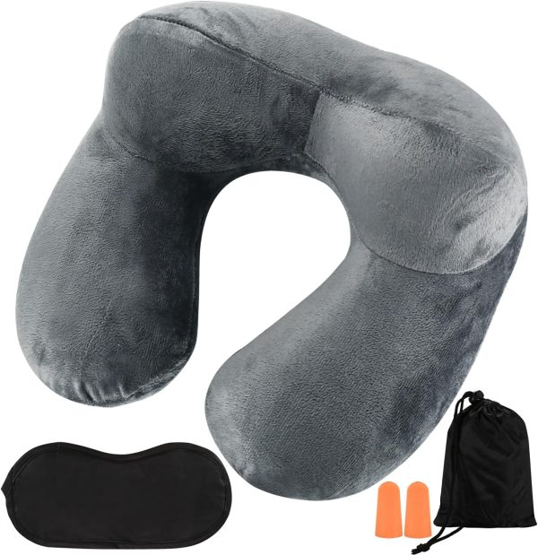 Inflatable Travel Pillows for Sleeping Airplane Inflatable Neck Pillow for Traveling Pillow Inflatable Travel Neck Pillows for Airplanes Sleeping, Train, Car, Office, with Eye Masks, Earplugs