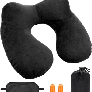 Travel Neck Pillow, Inflatable Travel Pillow, Soft Velvet Inflatable Neck Pillow with Eye Masks, Earplugs, and Storage Bag, for Airplane, Train, Car, and Travel Use (Black)