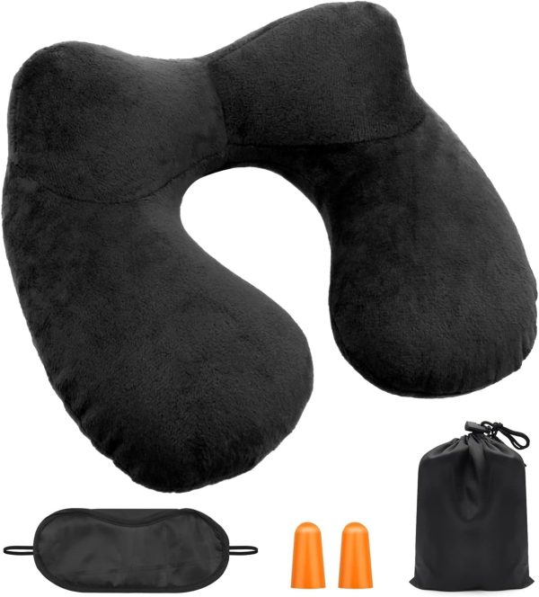 Travel Neck Pillow, Inflatable Travel Pillow, Soft Velvet Inflatable Neck Pillow with Eye Masks, Earplugs, and Storage Bag, for Airplane, Train, Car, and Travel Use (Black)