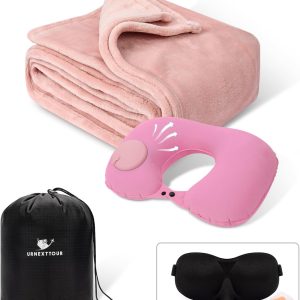 Travel Pillow and Blanket Set Travel Essentials for Plane Compact Soft Blankets and Inflatable Neck Pillows with Sleep Masks & Earplugs for Travel, Camping, Car, and Home, 50