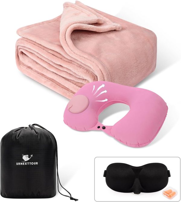 Travel Pillow and Blanket Set Travel Essentials for Plane Compact Soft Blankets and Inflatable Neck Pillows with Sleep Masks & Earplugs for Travel, Camping, Car, and Home, 50