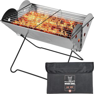 Wise Owl Outfitters Portable Camping Grill - Collapsible Fire Pit for Camping, Stainless Steel 13.6 x 10.2 Inch - 2.2lb Pop Up Fire Pit with Case for BBQ, Tailgating, Backyard, Outdoor Use