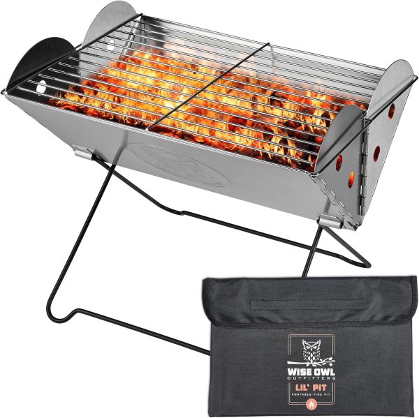 Wise Owl Outfitters Portable Camping Grill - Collapsible Fire Pit for Camping, Stainless Steel 13.6 x 10.2 Inch - 2.2lb Pop Up Fire Pit with Case for BBQ, Tailgating, Backyard, Outdoor Use